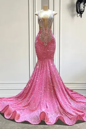 hot pink sequin silver beading plunging neck mermaid gown