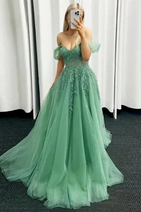 off shoulder green leaf lace appliqued military ball dress