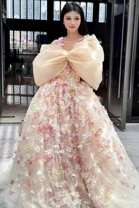 multi color 3d flowers large bow puffy engagement dress