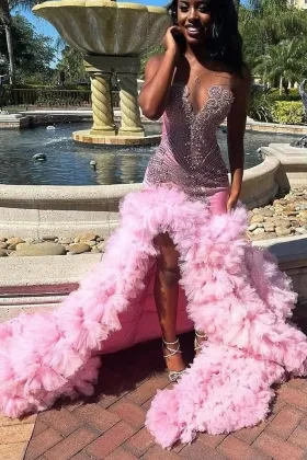 sparkly rhinestone pink ruffled mermaid prom gown with slit