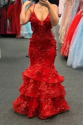 red glitter 3d floral applique tiered mermaid formal dress