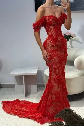 off shoulder crimson red lace 3d flowers mermaid prom dress