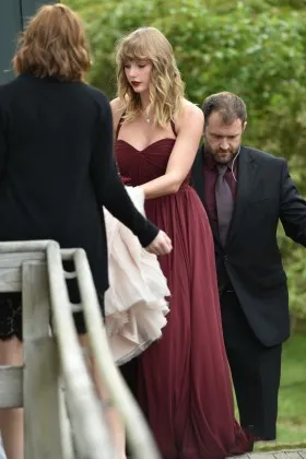 Taylor Swift Burgundy Chiffon Long Bridesmaid Dress with Spaghetti Halter Strap