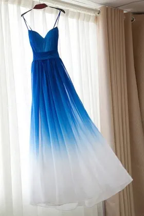 Beautiful blue to white ombre chiffon strapless sweetheart bridesmaid dress