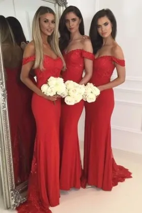 lace appliqued red sequin and chiffon off the shoulder mermaid bridesmaid dresses