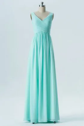 Exquisite criss crossed pleated aqua chiffon sleeveless V neck long bridesmaid dress