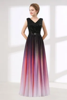 Stunning black to red ombre sequin and chiffon V neck A line long bridesmaid dress