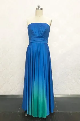 Beautiful ocean blue to green ombre jersey strapless long bridesmaid dress