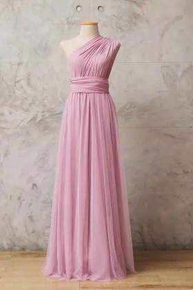 Pastel pink jersey one shoulder convertible bridesmaid dress with tulle overlay