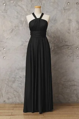 Black jersey halter straps convertible cheap A line long multi way bridesmaid gown