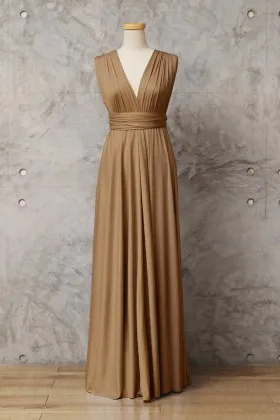Golden brown jersey V neck convertible A line long bridesmaid dress