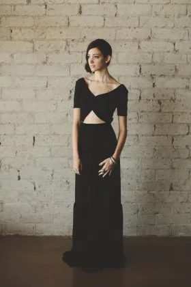 Geometric cutout black jersey short sleeve V neck bohemian bridesmaid dress