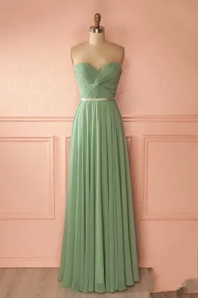 Delicate criss cross pleated strapless sweetheart sage chiffon long bridesmaid dress