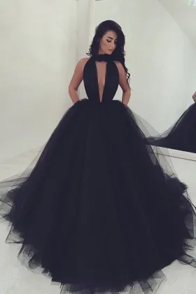 gorgeous black tulle plunging high neckline ball gown prom dress