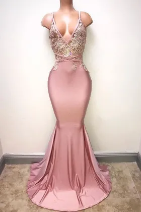 Amazing beaded rosy pink lace and satin deep V neck mermaid long prom dress