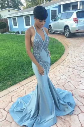 delicate beading appliqued Windsor blue satin mermaid sweep train halter prom dress