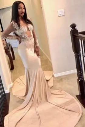 fantastic illusion bodice and long sleeves lace and satin mermaid court train prom dress
