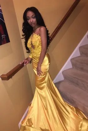 shiny gold lace and satin one shoulder mermaid flounced long prom dress