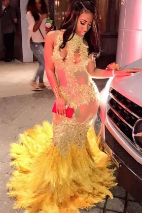glamorous yellow beaded lace and feathers mermaid African American prom dress