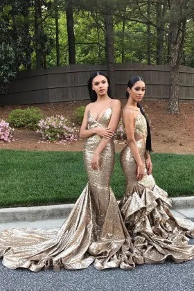 Glistening gold sequin V neck spaghetti strap cascading ruffled mermaid prom dress