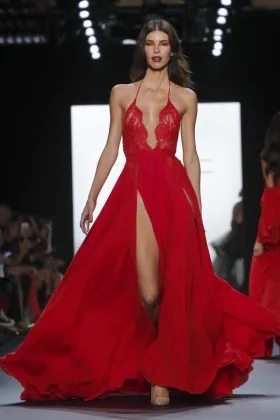 Formal Long Plunging Neckline Spaghetti Strap High Slit Dress main image 1
