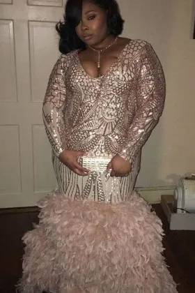 rose gold geometric sequin long sleeves feathers trumpet long plus size prom gown