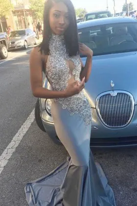beaded silver lace appliqued high neck mermaid African American prom dress