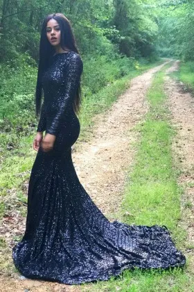 black sequin long sleeve crew neck demure mermaid chapel train prom gown