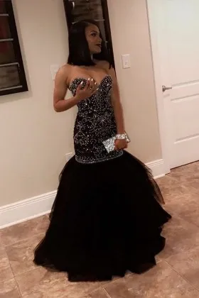 classic trumpet strapless sweetheart beaded black tulle long prom gown