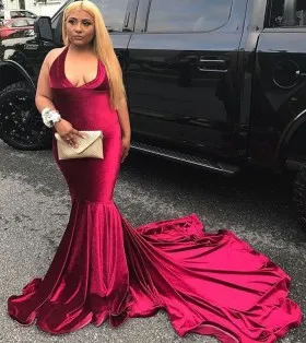 gorgeous red velvet halter plunging neckline chapel train long prom dress