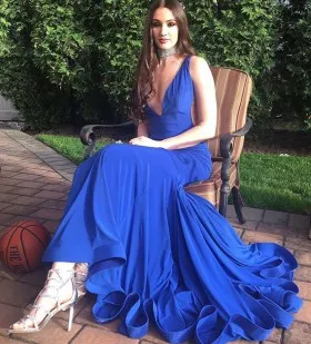 royal blue flounced hemline jersey plunging neckline illusion plain prom dress