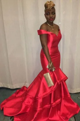 Timeless mermaid red satin off the shoulder asymmetrical layered prom dress