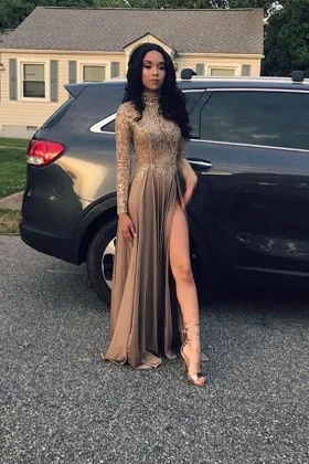 lace appliqued jersey high neck long sleeves thigh high slit long prom dress