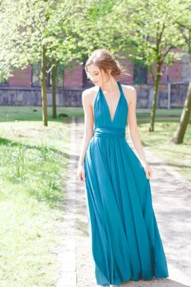 elegant turquoise jersey infinite A line long bridesmaid gown