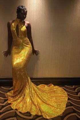 sparkling gold sequin high neck mermaid chapel train prom dress