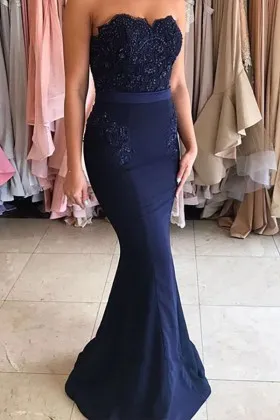 Beaded strapless semi sweetheart navy satin mermaid long prom gown