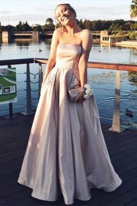 adorable strapless straight neck nude satin princess prom ball gown