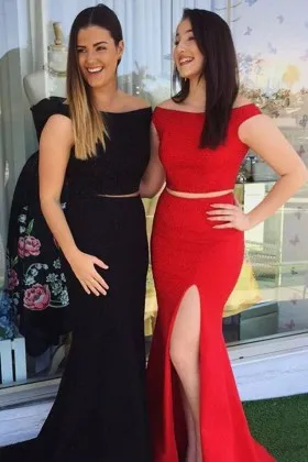 Two piece off the shoulder mermaid long modern black red split prom dress