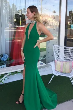 sexy green plunging V neck and beading collar split mermaid long prom gown