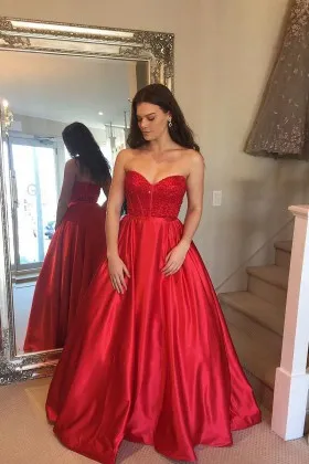 amazing red beaded strapless sweetheart satin princess long prom ball gown