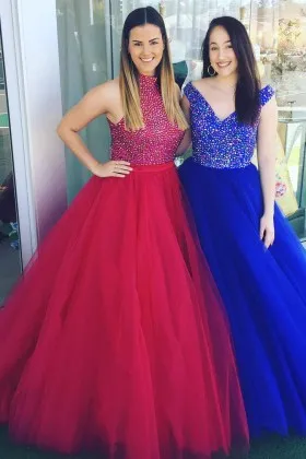 Dazzling crystals beaded red blue tulle dream prom ball gown