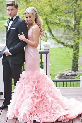 Baby pink satin timeless mermaid cascading ruffled sleeveless V neck prom gown