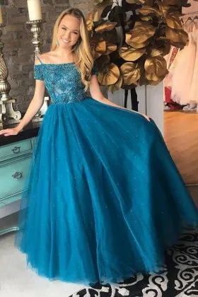 amazing beaded teal tulle off the shoulder natural waist A line prom dress