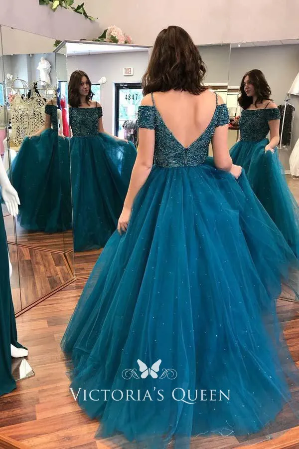 Beaded Teal Tulle Off-the-shoulder A 