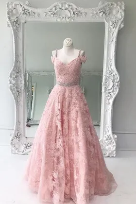 pastel pink beaded lace off the shoulder banded A line sweet prom gown