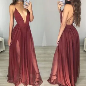 Plunging V neck backless spaghetti straps double slit burgundy tulle sexy prom gown