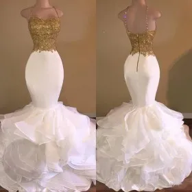 dazzling gold appliqued top with white layered mermaid organza skirt prom dress