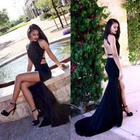 Crew neck sleeveless black open back thigh high slit long prom dress