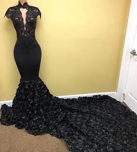 Black lace high neck cap sleeves scalloped mermaid 3D rosettes African American prom dress
