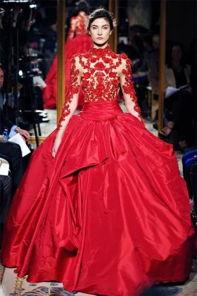 Luxury floral illusion red high neck long sleeve prom ball gown
